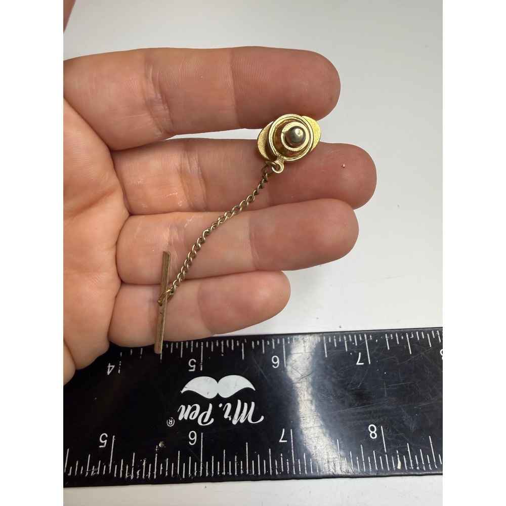 Mens Gold Tone Oval Textured Tie Tack with Chain and T-Bar Stay - Picture 2 of 3